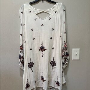Free People - Boho Embroidered Ivory Tunic Dress with Floral Accents